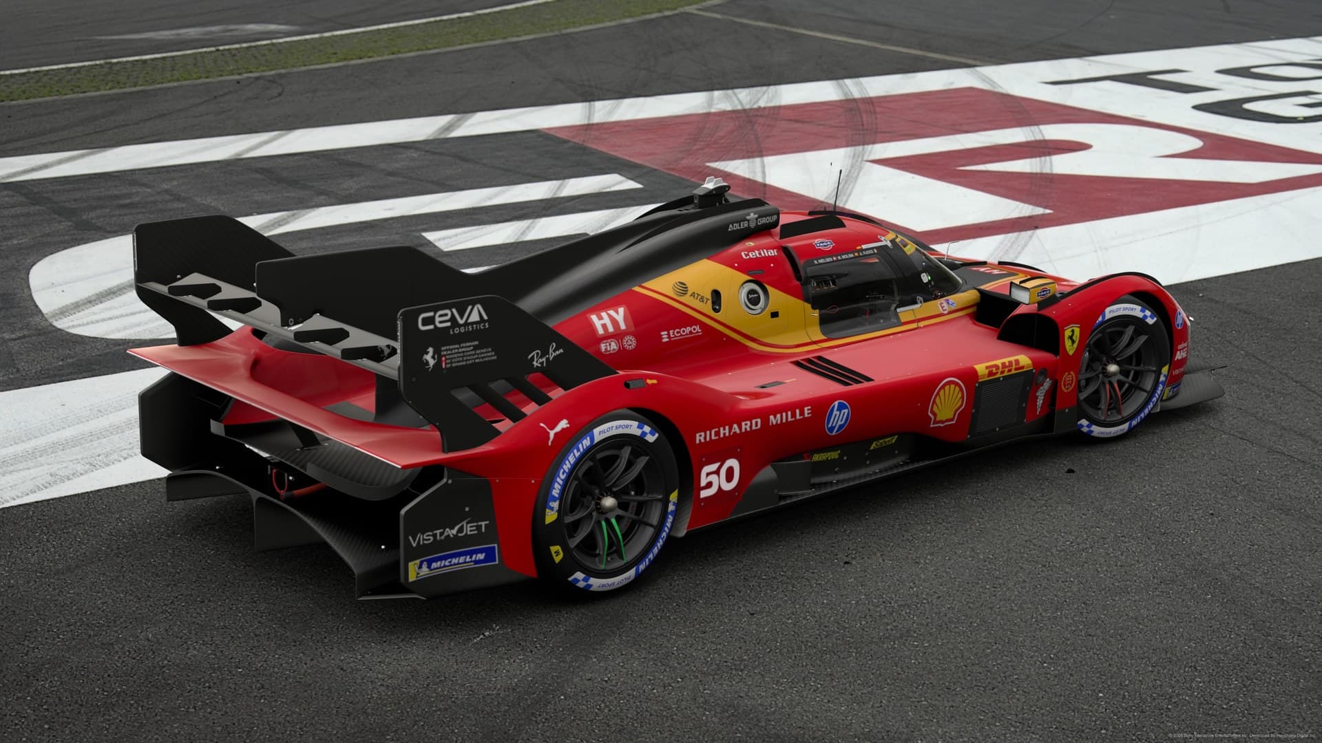 Le Mans prototype race car viewed from above and behind