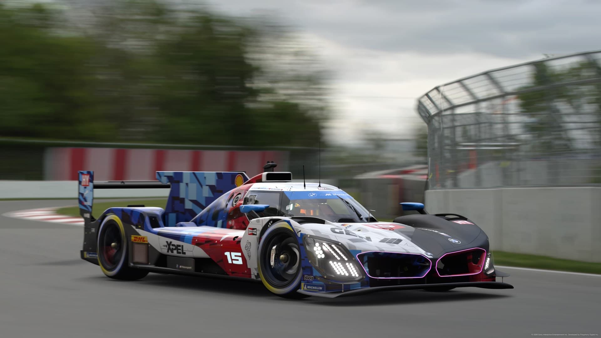 Le Mans prototype race car cornering at speed